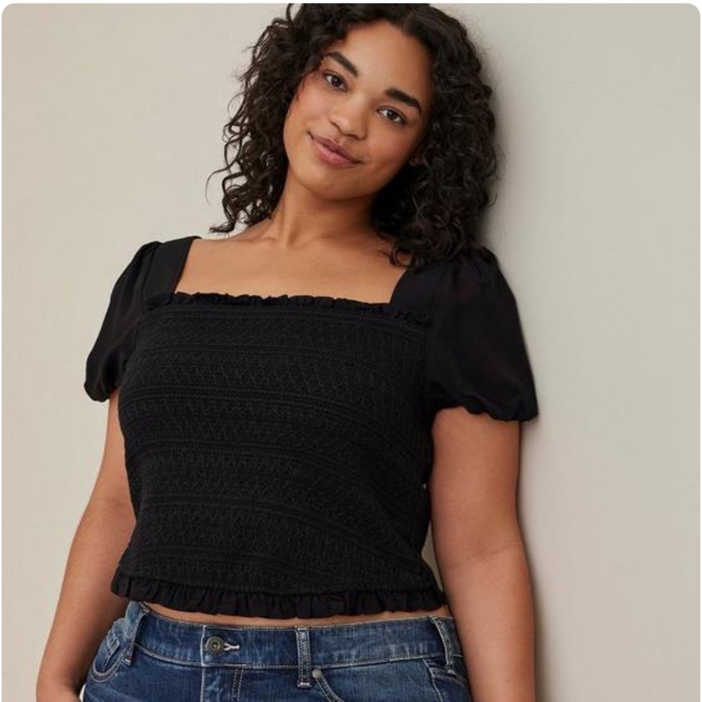 Torrid Challis Smocked Puff Sleeve Crop Top Blouse Shirt Black Womens Size 5 5X